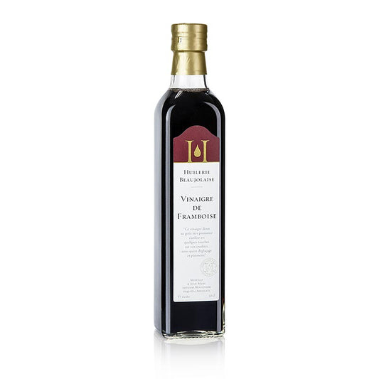 Himbeer-Essig, 6% Säure, Huilerie Beaujolaise - Mireille et Jean-Marc, 500 ml - Flasche mit süß-saurem Himbeer-Essig, der sich als Marinade, für Salate, Käse und Desserts eignet