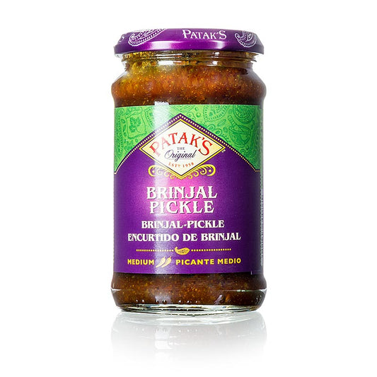 Brinjal Auberginen Pickle, mittel, Patak´s, 312 g - köstliche Mischung aus Auberginen und indischen Gewürzen, ideal als Dip, zu Curry, Sandwiches, Salaten und Fleischgerichten, geeignet für Vegetarier
