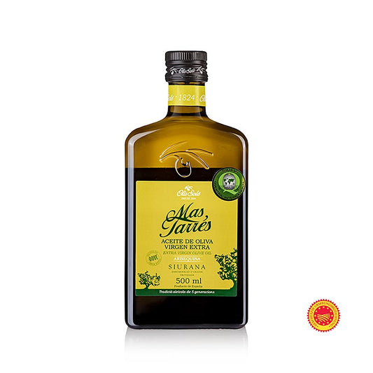 Flasche natives Olivenöl Extra, Mas Tarrés Oliva Verde, Arbequina, DOP/gU Siurana, 500 ml, hergestellt aus mechanisch gewonnenen Oliven, mit Bodensatz, ungefiltert und naturbelassen