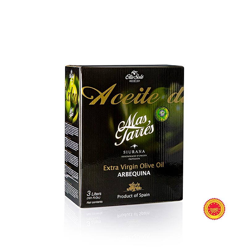 Eine Flasche Natives Olivenöl Extra, hergestellt aus grünen Arbequina-Oliven, mit geschützter Ursprungsbezeichnung/gU Siurana, 3 Liter