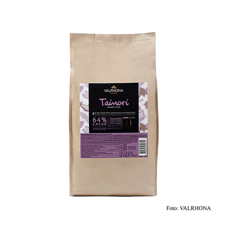 Valrhona Tainori Grand Cru Couverture Callets mit 64% Kakao aus der Dominikanischen Republik, 3 kg - sorgfältig ausgewählter Trinitario-Kakao von alten Plantagen, mit Aromen von gelben Früchten, frischen Zitrusfrüchten und Trockenfrüchten