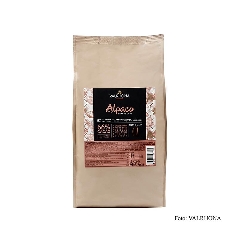 Valrhona Alpaco Grand Cru dunkle Couverture aus Ecuador, 66% Kakao, 3 kg, hergestellt aus traditionellem Arriba-Kakao aus dem goldenen Dreieck von Vinces, Quevedo und Babaoio, kombiniert feine Blumenaromen mit kräftigen Schokoladennoten