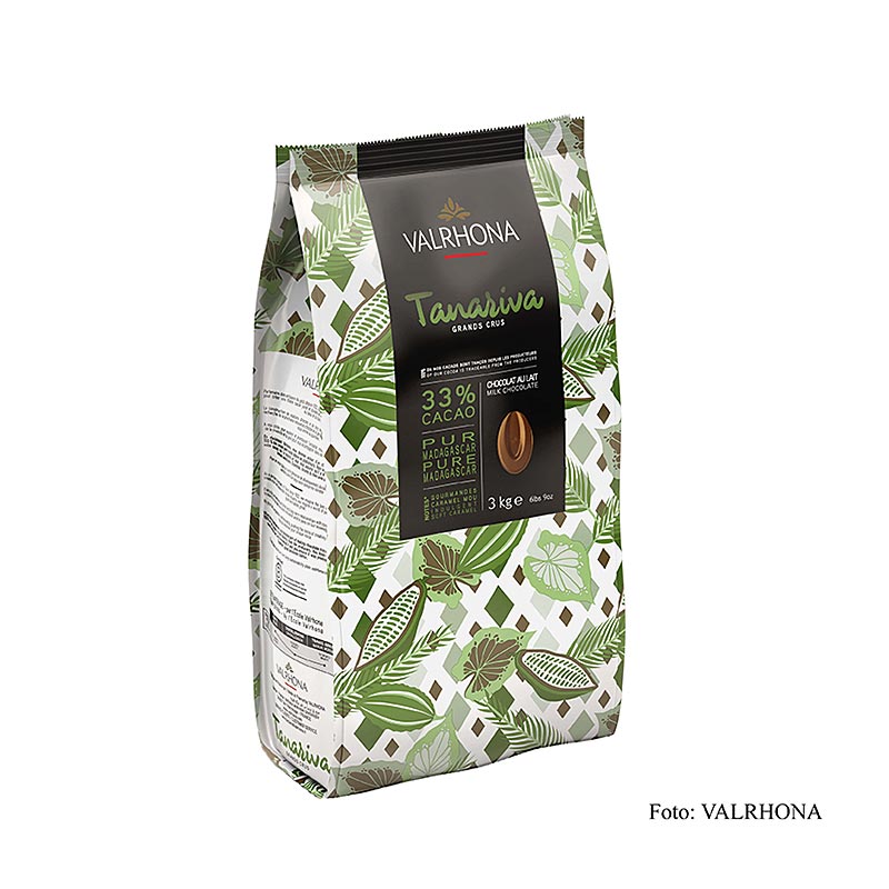 German

SEO-freundlicher Alt-Text: Valrhona Tanariva Grand Cru Vollmilch Couverture Callets, 33% Kakao, 3 kg - hochwertige Schokolade für professionelle Anwendungen und Desserts