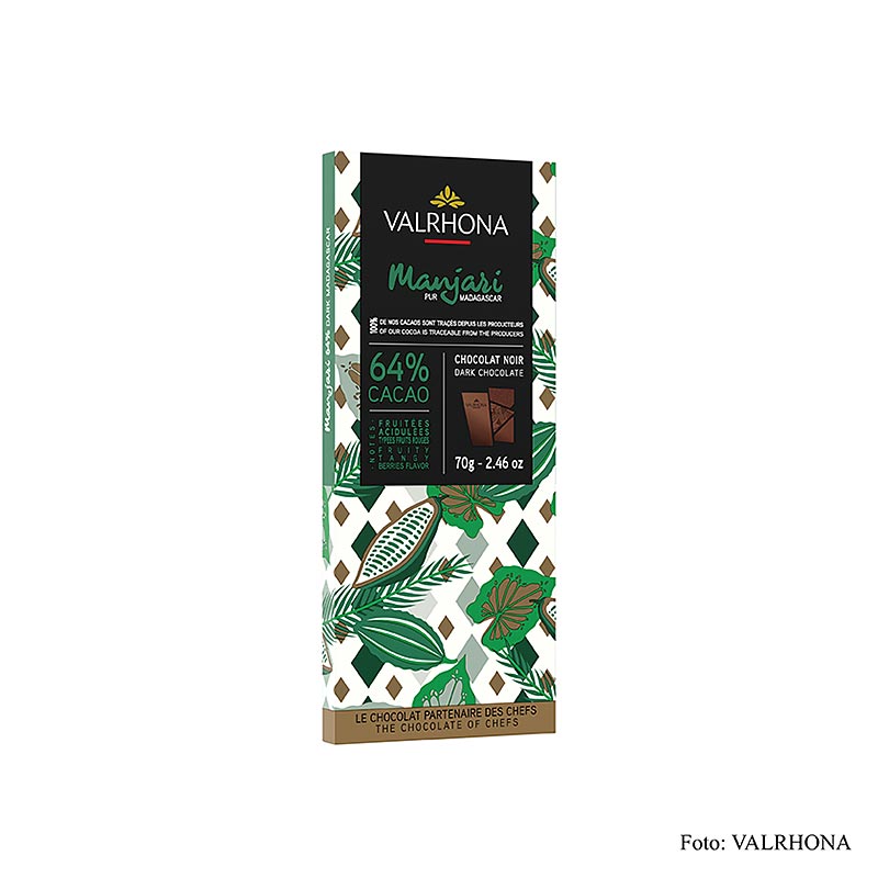 German: Original Valrhona Manjari - Bitterschokolade mit 64% Kakao aus Madagaskar, 70 g - feinherb und köstlich für Genießer von hochwertiger Schokolade