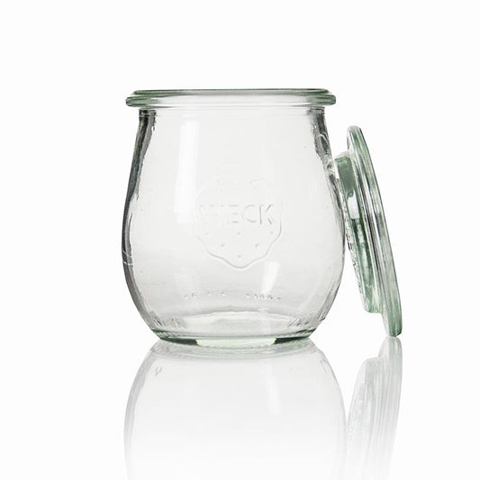 Ein 225 ml Sturzglas in Tulpenform von Weck, ohne Klammern und Gummiring, ideal zum Einkochen von Früchten und Gemüsen
