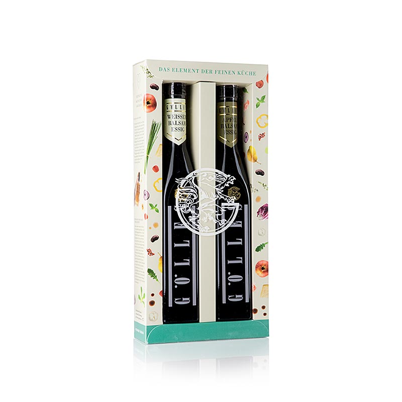 Gölles Essigset Duo mit Balsam-Apfelessig und weißem Balsamessig, 500 ml, 2 x 250ml - Eine Flasche mit Balsam-Apfelessig aus hocharomatischen Äpfeln altsteirischer Sorten und eine Flasche mit weißem Balsamnessig Das wunderbare Duo bietet elegante und vielschichtige Würze: Verdichtete Apfelaromen prägen den 8 Jahre gereiften Balsam-Apfelessig und noble Süße des Weißweins machen den Balsam-Weinessig aus