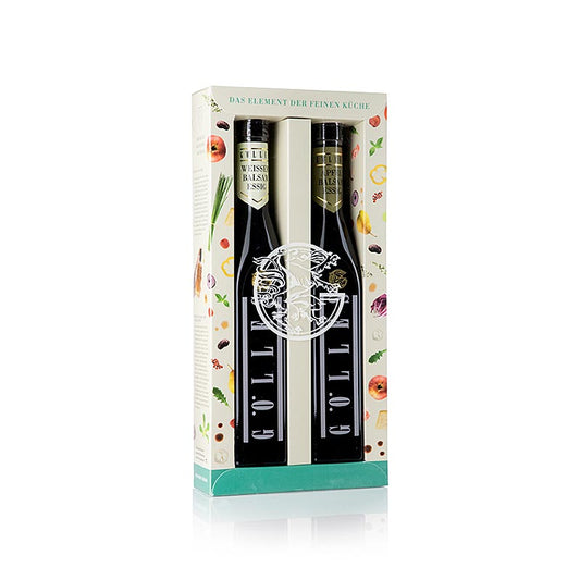 Gölles Essigset Duo mit Balsam-Apfelessig und weißem Balsamessig, 500 ml, 2 x 250ml - Eine Flasche mit Balsam-Apfelessig aus hocharomatischen Äpfeln altsteirischer Sorten und eine Flasche mit weißem Balsamnessig Das wunderbare Duo bietet elegante und vielschichtige Würze: Verdichtete Apfelaromen prägen den 8 Jahre gereiften Balsam-Apfelessig und noble Süße des Weißweins machen den Balsam-Weinessig aus