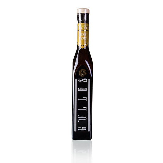 Bild eines 250 ml Gölles Bier-Essigs mit 5% Säure, hergestellt aus Starkbier, mit einer ausgeprägten Malznote, ideal zum Verfeinern von Speisen wie Saure Wurst, Rindfleischsalat, Gulasch und Schweinsbraten