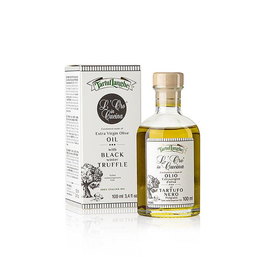 Tartuflanghe Natives Olivenöl Extra L´Oro in Cucina m Wintertrüffel & Aroma 100 ml, hochwertiges Olivenöl mit winterlichen Trüffeln und intensivem Aroma