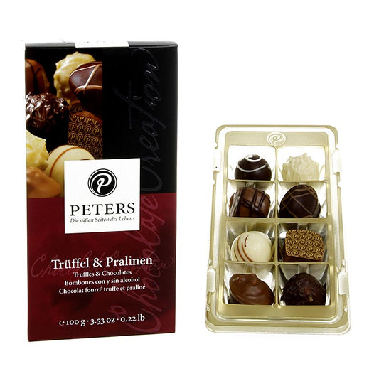 Trüffel & Pralinen - Mischung, Peters, 100 g, 8 St - Luxuriöse Auswahl von Schokoladentrüffeln und Pralinen in einer 100 g Packung von Peters