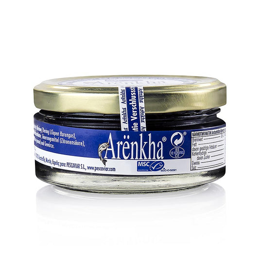 Geräucherter Hering Kaviar mit rauchigem Aroma und leicht zitroniger Note, eine hervorragende Alternative zum echten Stör-Kaviar, ideal auf Pellkartoffeln oder mit Crème fraîche und Reibekuchen serviert, 120 g