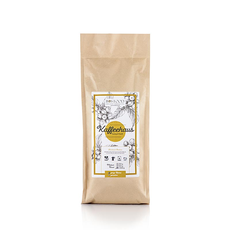 Close-up of 1 kg package of Bos Food Gourmet Kaffeehaus whole bean 100% Arabica coffee (English)