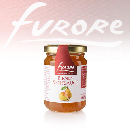 Birnen-Senf-Sauce mit Stücken, ideal als Dip und zum Würzen von Fleisch, Wild und Fisch, perfekte Ergänzung zu Käse und Marinaden