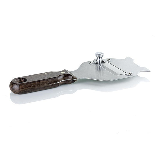 Trüffel-Hobel aus Metall mit glatter Klinge und eckigem Holzgriff, ideal zum feinen Reiben von frischen Trüffeln für Hobby- und Profiköche geeignet