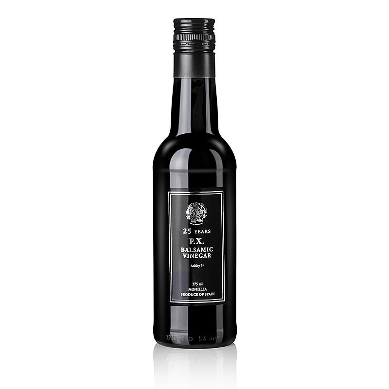 PX- Balsamico-Essig vom Pedro Ximénez Sherry, 25 Jahre, Solera, 7% Säure, 375 ml - Flasche des köstlichen 25 Jahre alten Pedro Ximénez Balsamico-Essigs mit 7% Säuregehalt und 375 ml Inhalt