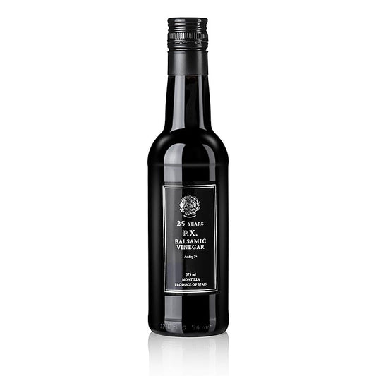 PX- Balsamico-Essig vom Pedro Ximénez Sherry, 25 Jahre, Solera, 7% Säure, 375 ml - Flasche des köstlichen 25 Jahre alten Pedro Ximénez Balsamico-Essigs mit 7% Säuregehalt und 375 ml Inhalt