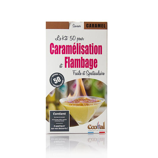 Crème Brûlée Set Karamel, karamelisieren mit Flambieressenz, 50 Portionen, 51 tlg - Produkt zur einfachen Karamelisierung und Aromatisierung von Crème Brûlée ohne Salamander oder Bunsenbrenner Enthält 50 Karamel-Eclat-Portionen und 200ml Karamel-Flambieressenz