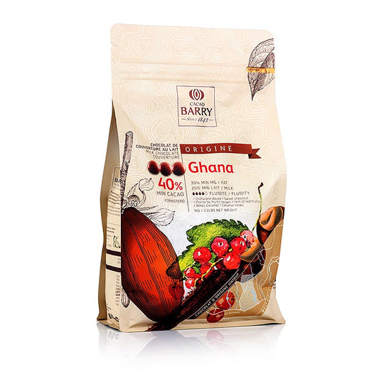 1 kg Packung von Cacao Barry Ghana Origine Vollmilch Schokolade Callets mit 40% Kakao, hergestellt aus aromatischen Kakaobohnen aus Ghanas äquatorialem Regenwald, mit gerösteten Haselnuss- und warmen Karamellnoten auf der Zunge