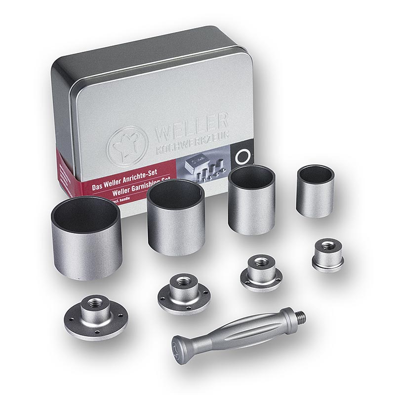 Anrichteset für exakte Formen aus Metall mit 9 Teilen, inklusive 4 Anrichteringen, 4 Eindrückscheiben und einem ergonomisch geformten Griff Ideal für edle Tellergerichte, kreative Canapés, Beilagen und mis en place Vorbereitungen Durchmesser: 4,5cm; 3,8cm; 3,0cm; 2,3cm