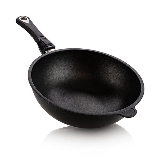 AMT Gastroguss, Wokpfanne, ø 28cm, 11cm hoch, mit abnehmbarem Griff, hochwertige Aluminiumguss-Kochgeschirre aus Deutschland, Mikrofein abgedrehter 8-9mm Thermoboden, 3-Schichten-Oberflächenversiegelung mit Keramikanteilen, funktionelle und ergonomische Griffe, backofenfest bis 260°C