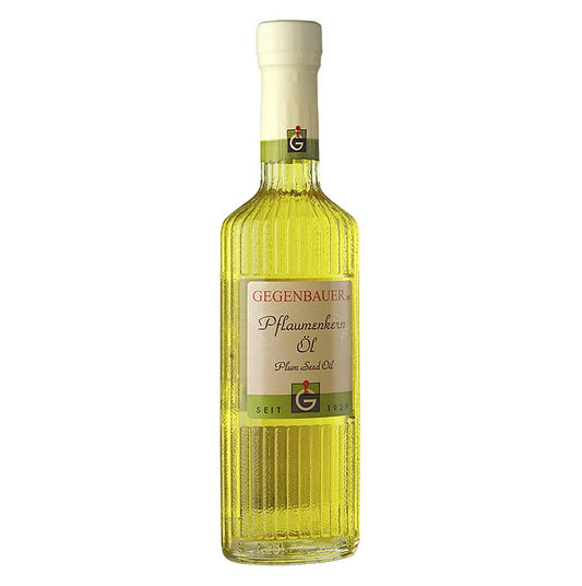 Pflaumenkernöl, 250 ml - Goldgelbes Öl mit intensiven Mandelnoten und zart mandeligem Marzipangeschmack, ideal für gebratene Entenleber, Salate, Fisch, Meeresfrüchte, Kuchen, Torten und Desserts