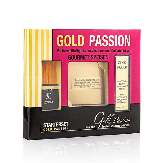 Oro - Set iniziale, 5 fogli d'oro 65x65 mm, polvere d'oro, 22 carati, pennello, E175, 3 pezzi