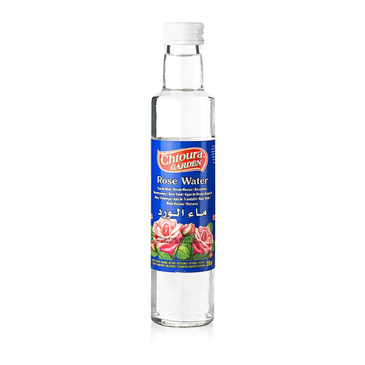 250 ml Rosenwasser mit Rosenextrakt, hergestellt aus destilliertem Wasser und zart duftend Beliebt in der Küche des Mittleren Ostens, besonders bei Desserts wie Eiscreme, Gebäck und Konfekt, süß im Geschmack