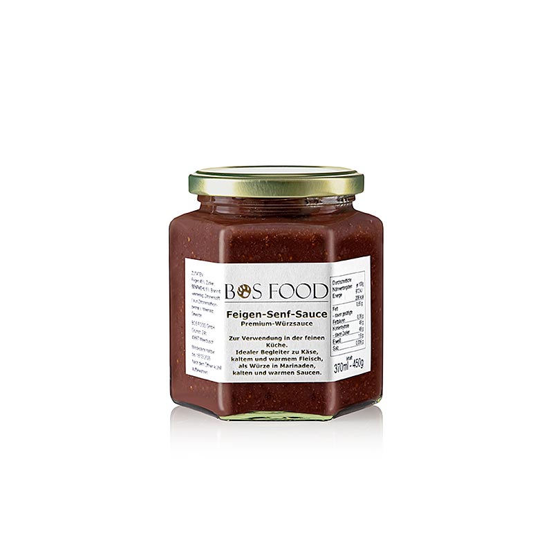 Feigen-Senf-Sauce von BOS FOOD, idealer Begleiter für ausgereifte Käsesorten wie Roquefort, Munster und Stilton, mit süßen getrockneten Feigen und milder Senfschärfe, eigene Kreation in 370 ml Flasche