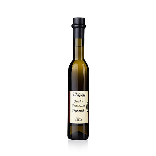Eine Flasche Weyers Pfirsich-Balsamessig mit 5% Säure, 250 ml, ideal für Salate und Desserts