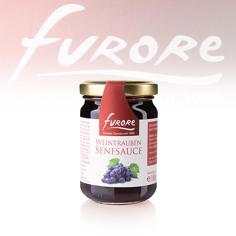 German
Alt text: Furore - Weintrauben-Senf-Sauce, 130 ml, leckere Sauce für Feinschmecker mit fruchtigem Geschmack von Weintrauben und würzigem Senf in praktischer 130 ml Flasche