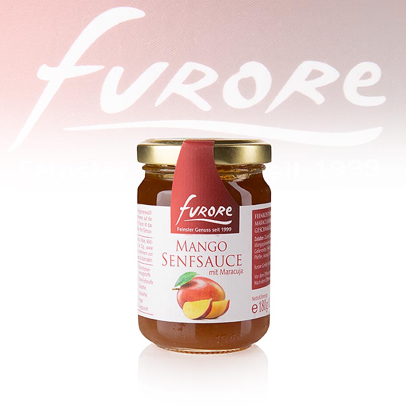Mango-Maracuja-Senf-Sauce, ideal als Chutney für die Grillsaison oder als Dip für Kalbsfleisch- oder Scampispieße, perfekt zu Weich- und Rotkulturkäse sowie als Begeleiter zu Wild Gänseleberterrinen, 130 ml
