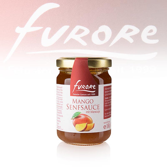 Mango-Maracuja-Senf-Sauce, ideal als Chutney für die Grillsaison oder als Dip für Kalbsfleisch- oder Scampispieße, perfekt zu Weich- und Rotkulturkäse sowie als Begeleiter zu Wild Gänseleberterrinen, 130 ml