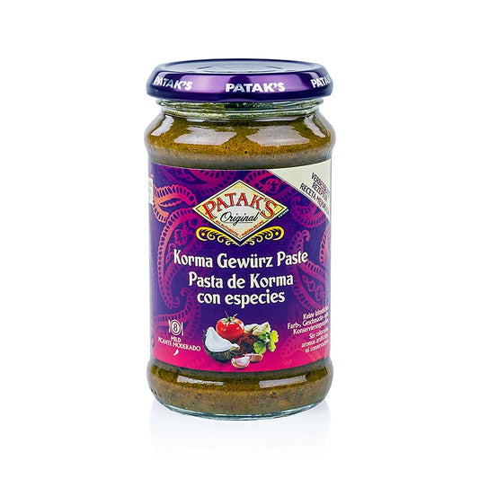 Milde Curry Paste Korma von Patak mit Kokosnuss und Koriander, ideal zum Marinieren und Braten von Hühnchenfleisch, perfekt mit Joghurt, Sauerrahm oder Crème fraîche abzurunden