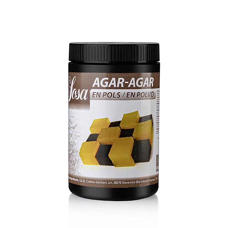 Alt text: 500 g package of Agar Agar, a vegan and gluten-free gelling agent with E 406 food additive code, used in cooking and food industry