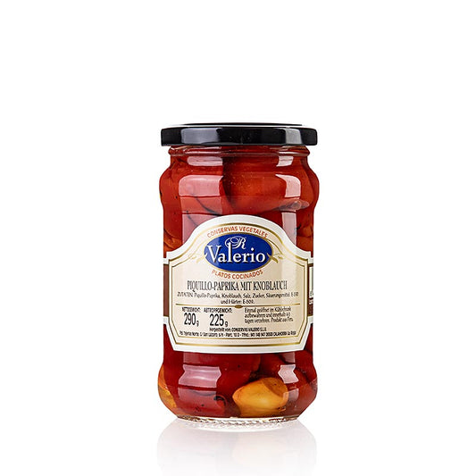 Geschälte Pimientos del Piquillo mit Knoblauch in Salzlake eingelegt, ideal für Antipasti und als Bereicherung für Salate und mexikanische Gerichte