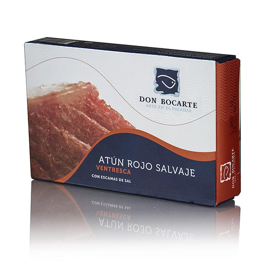 Ventresca - Bauchfleisch vom Bluefin Thunfisch, Don Bocarte, Spanien, 215 g - Hochwertiges, schmackhaftes Bauchfleisch des Bluefin Thunfischs aus Südspanien, verarbeitet von der Firma Don Bocarte, entsprechen den Vorgaben der Europäischen Kommision für Fischerei