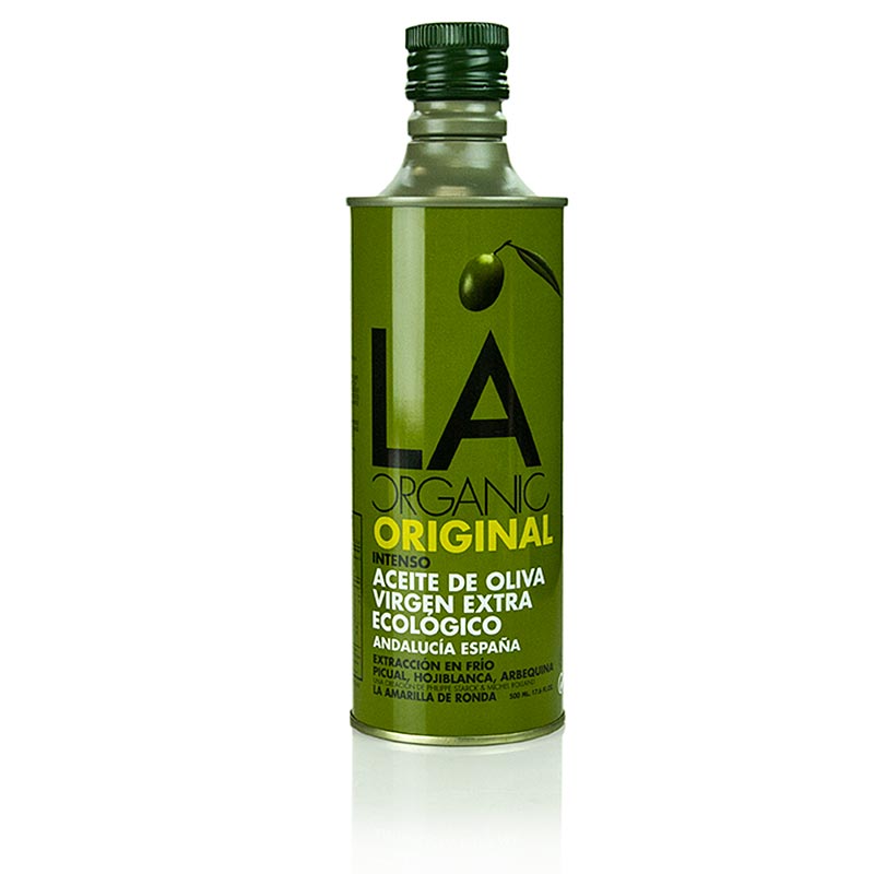 Natives Olivenöl Extra, La Ronda Intenso Eco (Kanister by Philippe Starck), BIO, 500 ml - Spanisches Olivenöl aus Andalusien mit Arbequina, Picual und Hojiblanca Rein, olivig, mit leicht dosierter Bitterkeit und sanfter, pfeffriger Note Säuregehalt von nicht mehr als 0,2%