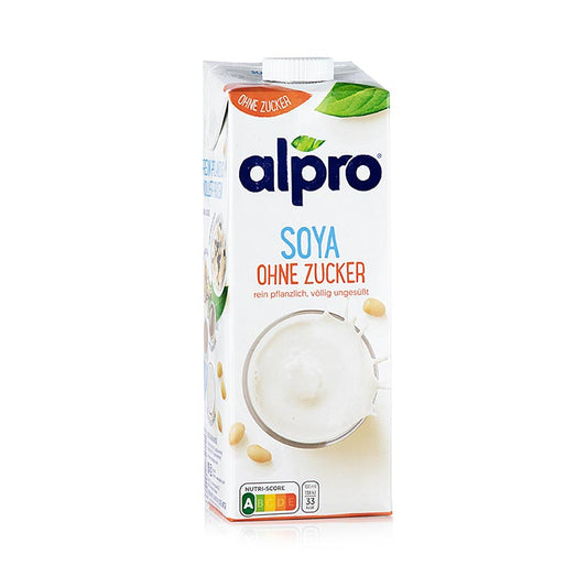 Sojadrink, ungezuckert, alpro, 1 l - Pflanzliche Milch aus Sojabohnen mit hohem Eiweißgehalt, essentiellen Aminosäuren, Eisen, Phosphor und B-Vitaminen, ähnlich zu Kuhmilch, aber mit weniger Calcium Hergestellt durch Einweichen und Vermahlen der Sojabohnen in Wasser, gefolgt von Filtration und Ultrahocherhitzung für Haltbarkeit und Vernichtung von giftigen Substanzen Keine negativen Auswirkungen auf Nährstoffe
