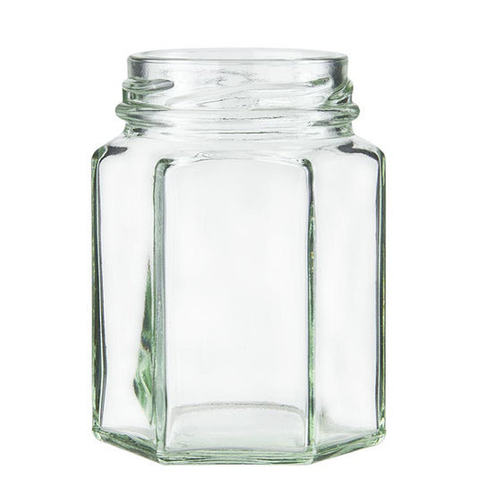 Glas mit sechseckiger Form, 110 ml Fassungsvermögen, ø 48 mm Mündung, ideal zum Einmachen von Konfitüren und Gelees, sowie zur Bevorratung von Gewürzen und getrockneten Kräutern Finde den passenden goldfarbenen Deckel unter Art 23834