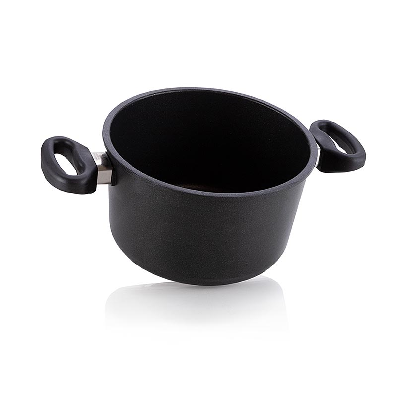 Hochwertiger AMT Gastroguss Kochtopf aus Aluminiumguss mit Mikrofein abgedrehtem Thermoboden, 3-Schichten-Oberflächenversiegelung und funktionellen ergonomischen Griffen, für optimale Wärmespeicherung und leichte Reinigung