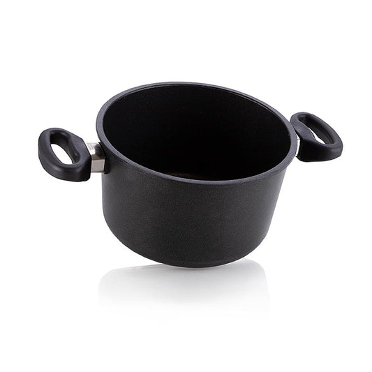 Hochwertiger AMT Gastroguss Kochtopf aus Aluminiumguss mit Mikrofein abgedrehtem Thermoboden, 3-Schichten-Oberflächenversiegelung und funktionellen ergonomischen Griffen, für optimale Wärmespeicherung und leichte Reinigung