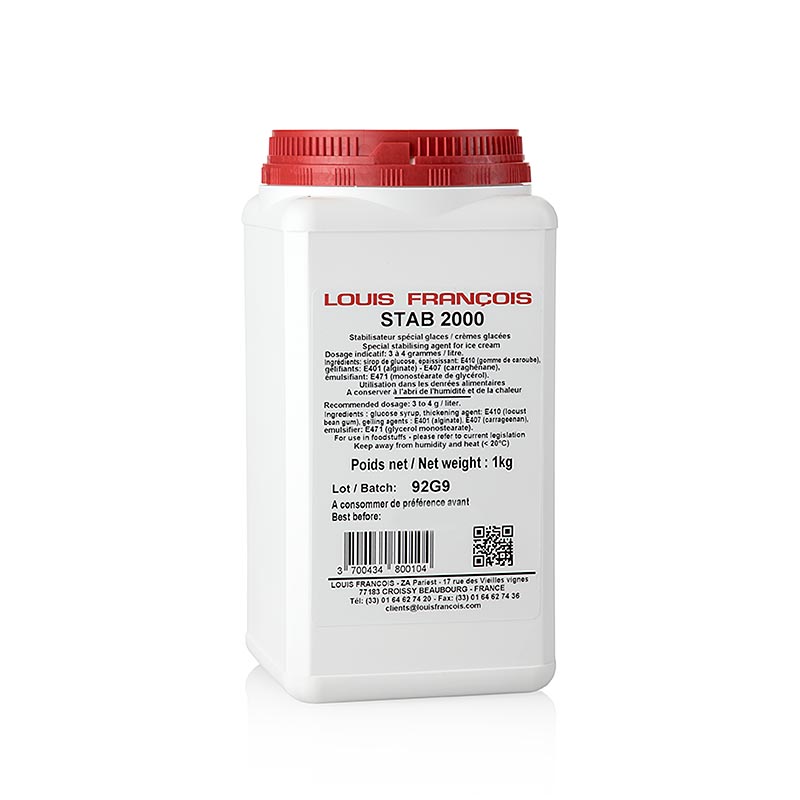Stab 2000, Stabilisator für Eis & Schlagsahne, Louis Francois, 1 kg - Produktbild mit Anleitung zur Zubereitung von Speiseeis und Schlagsahne Dosierung: 3 - 4 g / Liter