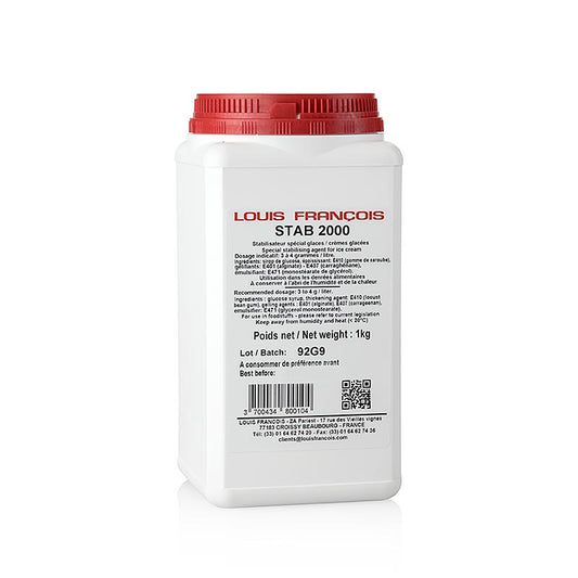 Stab 2000, Stabilisator für Eis & Schlagsahne, Louis Francois, 1 kg - Produktbild mit Anleitung zur Zubereitung von Speiseeis und Schlagsahne Dosierung: 3 - 4 g / Liter