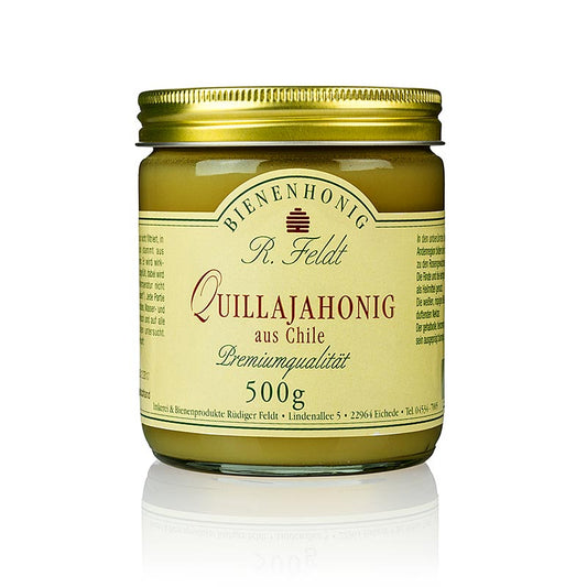 Quillaja-Honig aus den chilenischen Anden, dunkelgelb, cremig aromatisch, nussig, 500 g - Intensiver, feincremiger Honig mit blumigem und aromatischem Geschmack, hergestellt aus dem Nektar der sternförmigen Blüten des Quillaybaums auf über 800m Höhe