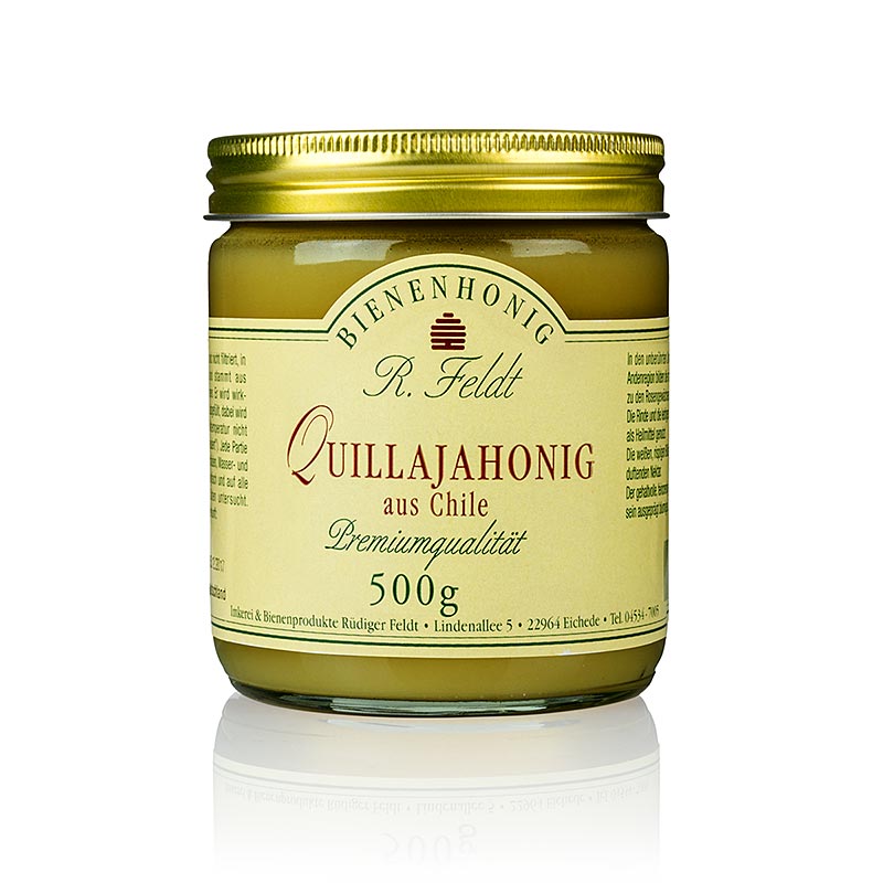 German: Bild eines 500 g-Produkts namens Quillaja-Honig, Chile, dunkelgelb, cremig aromatisch, nussig mit einer cremigen, aromatischen und nussigen Textur