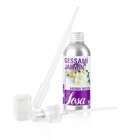 Ein Fläschchen flüssiges Aroma Natural Jasmin mit 50 g Inhalt, bekannt für sein intensives Jasminöl, das in der hochwertigen Patisserie verwendet wird, hergestellt von Sosa, einem traditionsreichen spanischen Unternehmen, das für seine Qualitätsprodukte wie Nussmarks, Fruchtpulver und Texturgeber für Molekularküche geschätzt wird