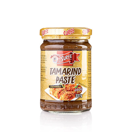 Tamarinden Paste, Suree, 227 g - Eine Paste mit 80% Tamarinde, bekannt für ihren sauren, fruchtigen Geschmack und ihre Verwendung in südindischen und indischen Gerichten sowie in Worcester-Sauce