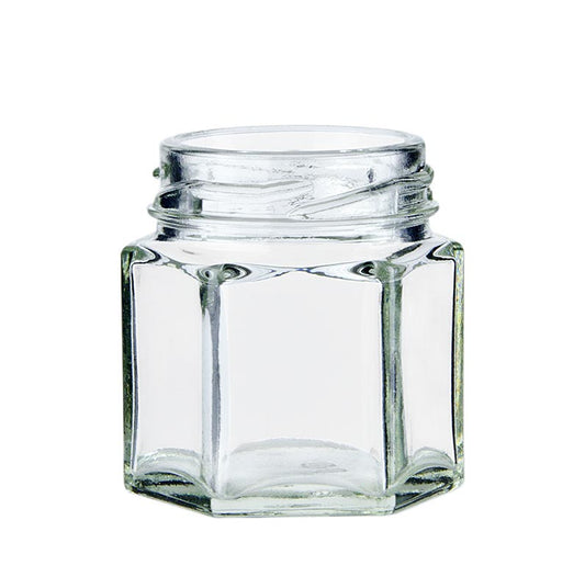 Sechseckiges Glas mit einem Fassungsvermögen von 47 ml und einem Durchmesser von 43 mm an der Öffnung, ohne Deckel, ideal zum Einmachen von Konfitüren, Gelees und zur Aufbewahrung von Gewürzen und getrockneten Kräutern