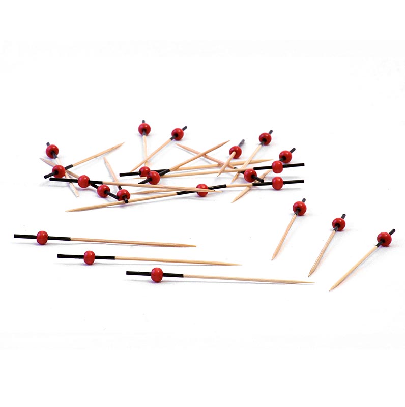 Pics en bois, avec extrémité colorée en noir et boule rouge, 9cm, 100 pcs