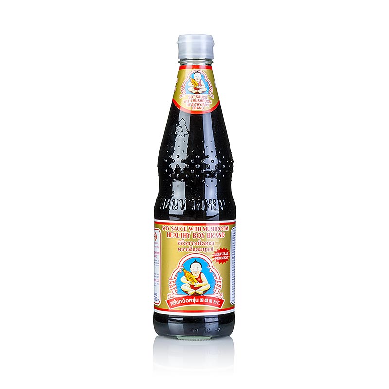 Soja-Sauce - Shoyu, Healthy Boy, dunkel, mit Pilzen, 700 ml: Eine kräftige dunkle Würzsauce aus natürlich gebrauter Sojasauce, ideal für asiatische Fleisch- und Pilzgerichte, Reispfannen und Saucen, verleiht einen feinen Pilzgeschmack